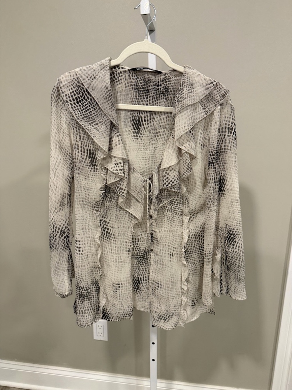 Zara Neutral Snake-Print Ruffle Front Blouse